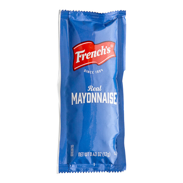 A blue French's mayo portion packet with white text.