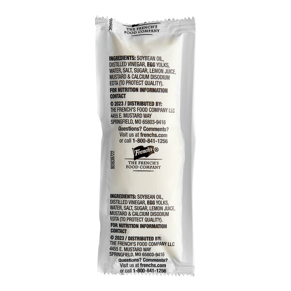 A close-up of a white French's Mayo portion packet with black text.