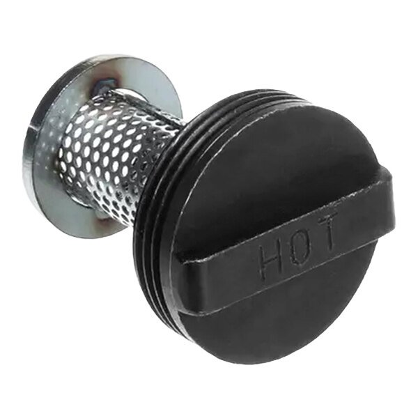 A metal mesh cylindrical filter with a black plastic threaded cap labeled 'HOT'.