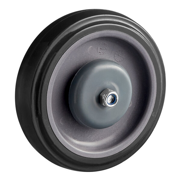 A black Regency caster wheel with a gray rubber rim and a nut.