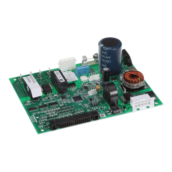 The main control board for an Amana Menumaster commercial microwave on a white background with a green and black circuit board.