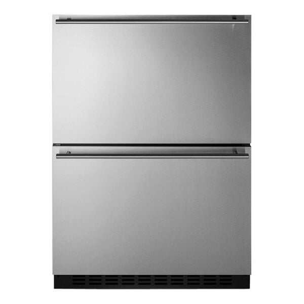 A stainless steel Summit Appliance undercounter refrigerator and freezer with two drawers.