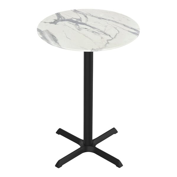 A white marble table with a black base.