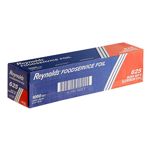 A blue box of Reynolds Foodservice Heavy-Duty Aluminum Foil on a kitchen counter.