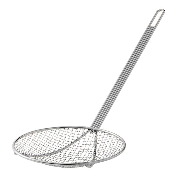 A Choice metal mesh strainer with a long handle.