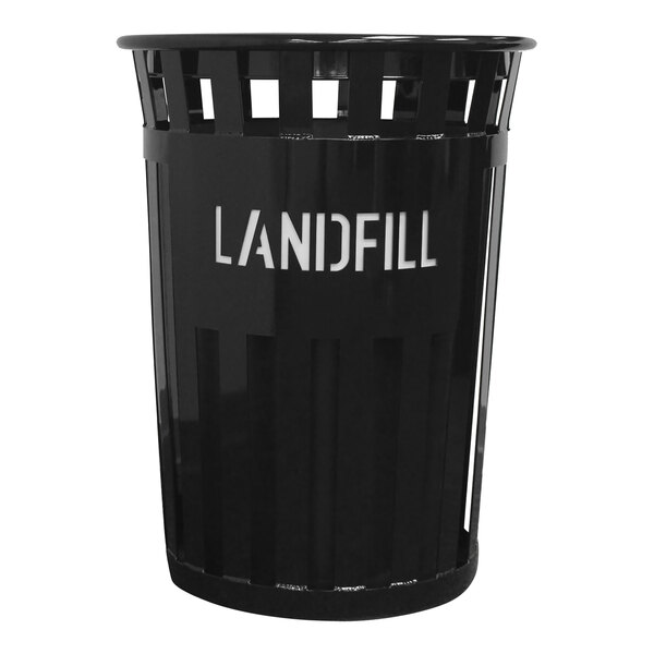 A black Witt Industries outdoor landfill trash can with white text on the front.