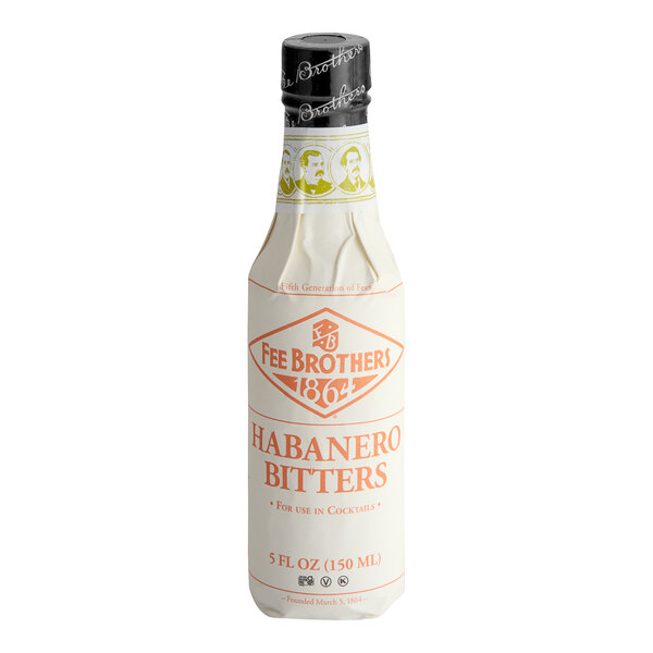 A bottle of Fee Brothers Spicy Habanero Bitters with a white label.
