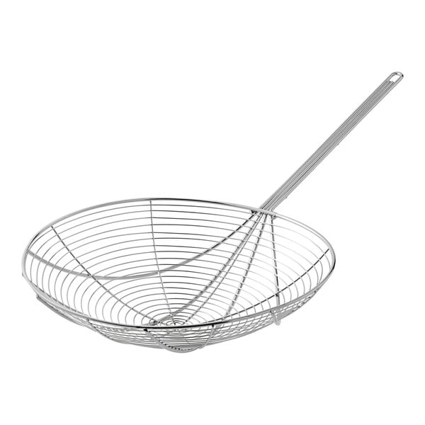 A metal wire strainer with a handle.