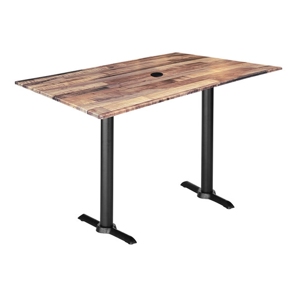 A Holland Bar Stool EuroSlim counter height table with a rustic wood top and black end column base.
