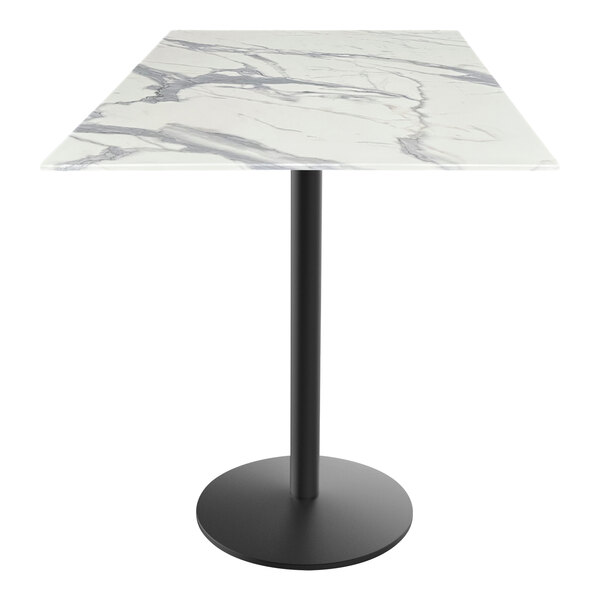 A white marble Holland Bar Stool EuroSlim counter height table with a round black base.