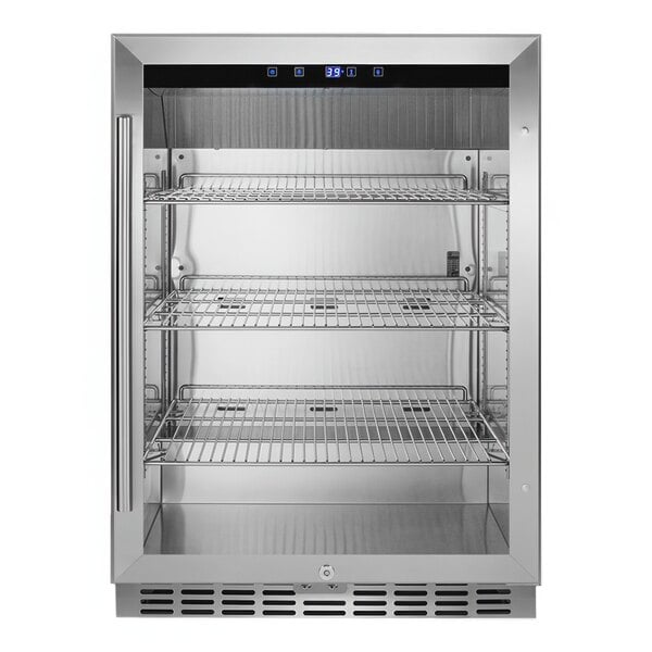 A Summit stainless steel undercounter beverage refrigerator with shelves.