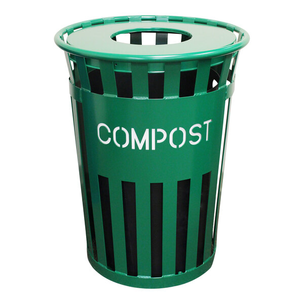 A green Witt Industries outdoor compost receptacle with a flat top lid.