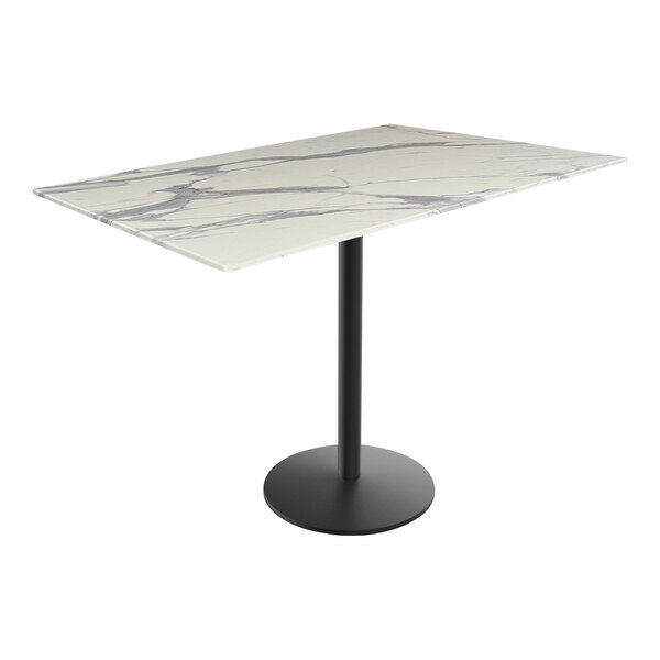 A white marble Holland Bar Stool EuroSlim counter height table with a black round base.