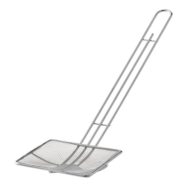 A metal mesh square skimmer with a long handle.