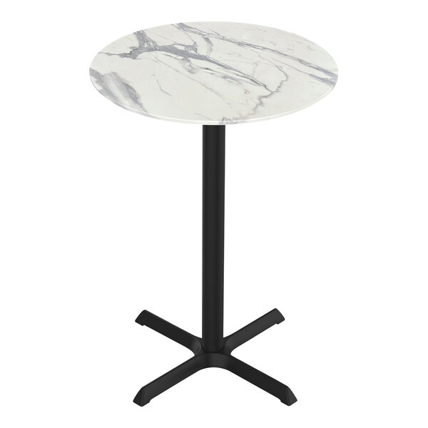 A white marble Holland Bar Stool table with a black base.