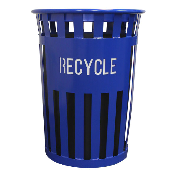 A blue Witt Industries outdoor recycling bin with white text that says "Recycle" on the front.