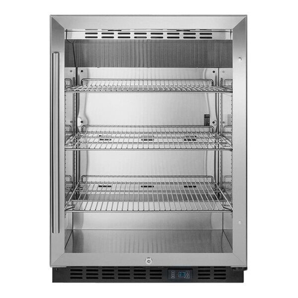 A Summit Appliance stainless steel undercounter beverage refrigerator with glass doors and shelves.