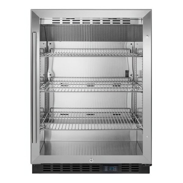 A Summit stainless steel undercounter beverage refrigerator with shelves.