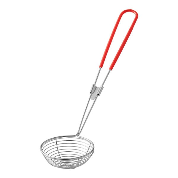 A metal wire boba scoop with a red coated handle.