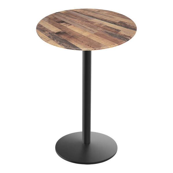 A Holland Bar Stool EuroSlim round wooden table with a black round base.