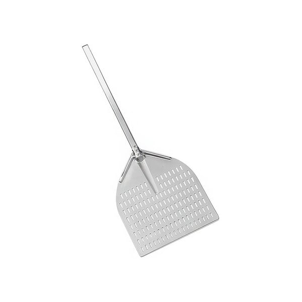 An American Metalcraft silver metal pizza peel with a long handle.