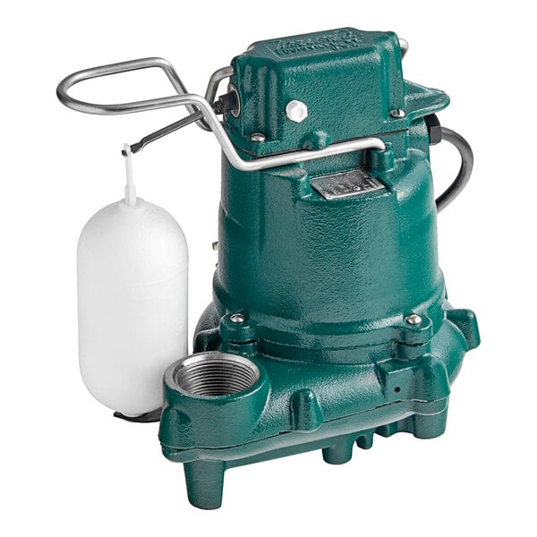 A green and silver submersible water pump with a white background.