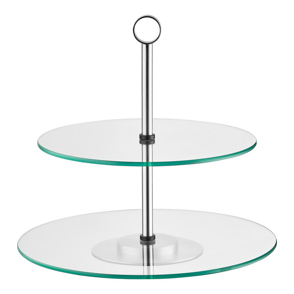 An Acopa two tiered glass and metal display stand.
