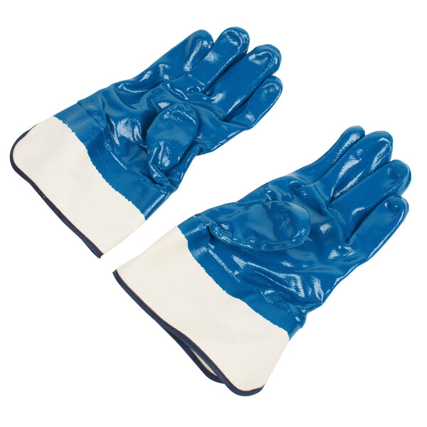 A pack of blue and white Cordova Brawler smooth supported nitrile gloves with jersey lining.