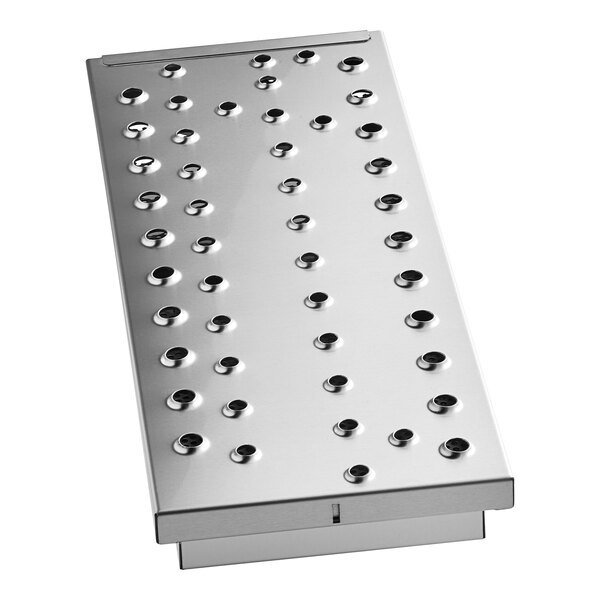 A stainless steel metal plate with holes.