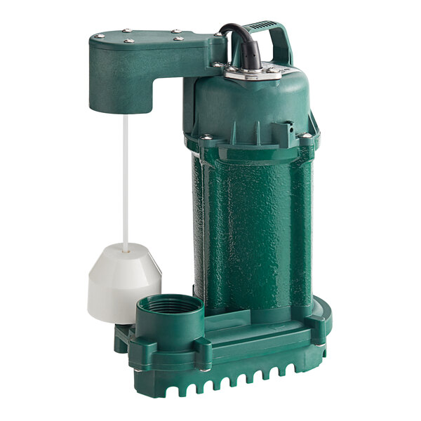 A green and white Zoeller M75 submersible sump pump with a white cap.