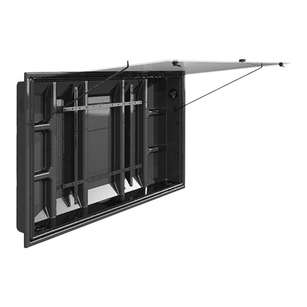 A black metal TV Shield enclosure with an open door.