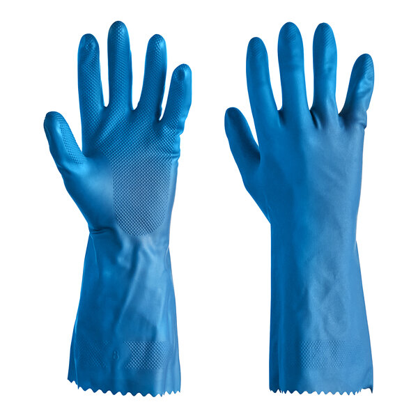 A hand wearing a blue Cordova latex rubber glove.