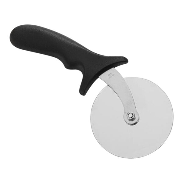 An American Metalcraft stainless steel pizza cutter with a black handle.