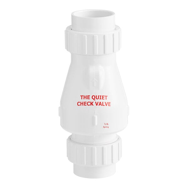 A white Zoeller Quiet Check PVC valve with red text.