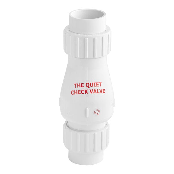 A white plastic Zoeller Quiet Check valve with red text.