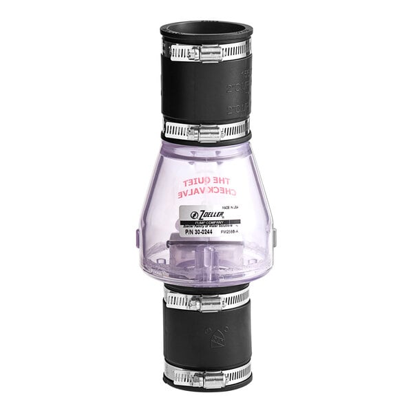 A close-up of a Zoeller clear PVC valve with black and purple components.
