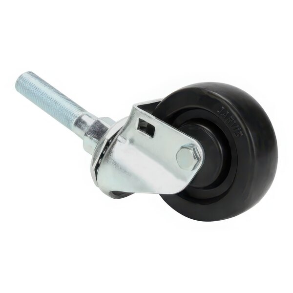 A metal swivel stem caster with a black rubber wheel.