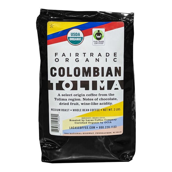 A white bag of Lacas Coffee whole bean coffee with a white label.