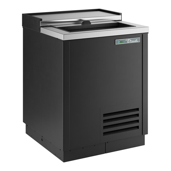 A black rectangular True glass froster with a door open.