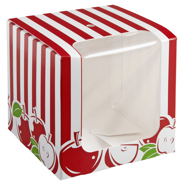A white Baker's Lane candy apple box with a red and white striped border and clear window with apples on it.