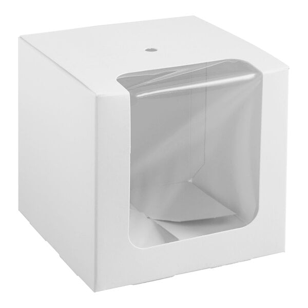 A white cardboard candy apple box with a clear window on one side.