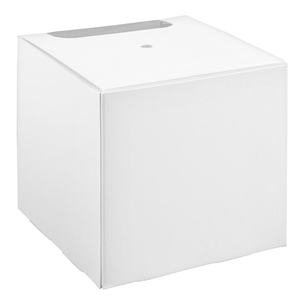 A white, cube-shaped candy apple box with a small window on the top.