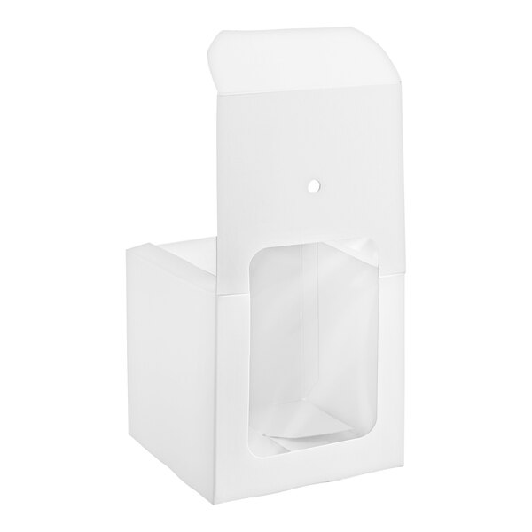 A white one-piece candy apple box with a clear window on the front.