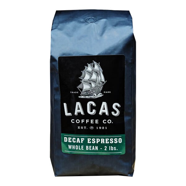 A white bag of Lacas Coffee Decaf Whole Bean Espresso with a logo.