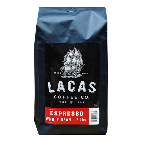 A black Lacas Coffee bag of whole bean espresso with a white label.