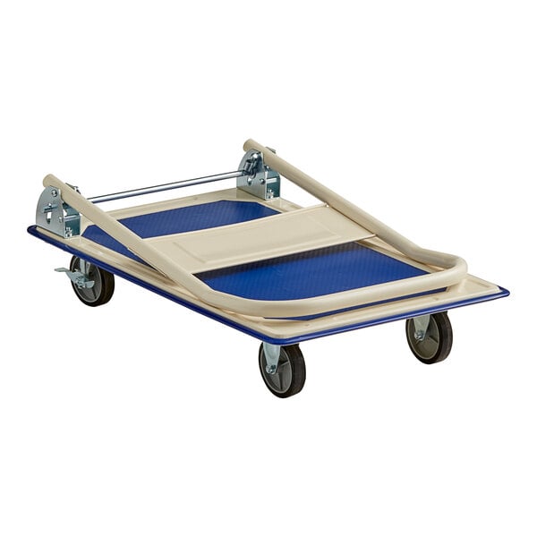 A blue and white Lavex steel folding platform truck with wheels.