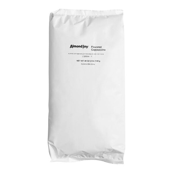 A white bag of ALMOND JOY Cappuccino mix with a black label.