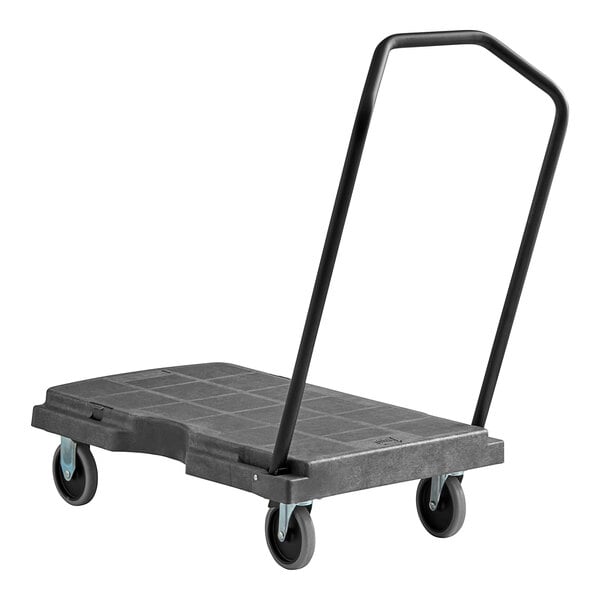 A black plastic Lavex platform truck with black wheels.