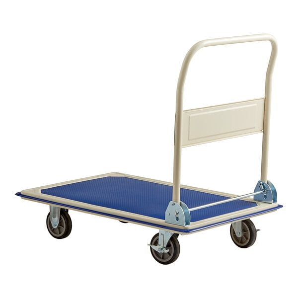 A blue steel folding platform truck with wheels.