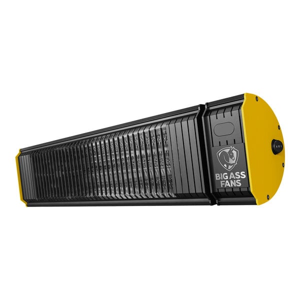 A black and yellow Big Ass Fans Obsidian indoor/outdoor electric heater with a black handle.